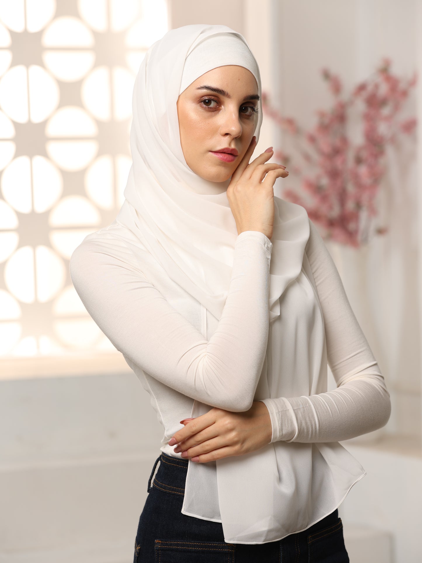 Elegant Georgette Hijab Set – 5-Pack (Rose Gold, White, Baby Pink, pitchy beige, Grey)