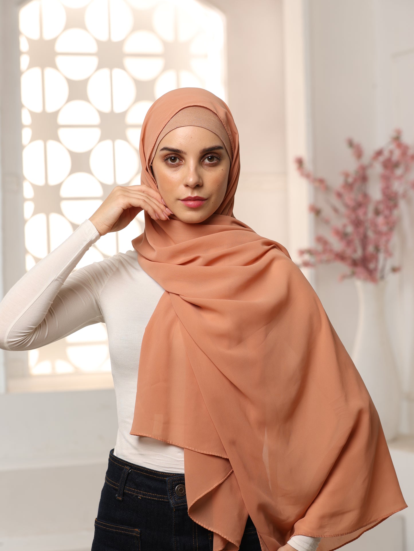 Elegant Georgette Hijab Set – 5-Pack (Rose Gold, White, Baby Pink, pitchy beige, Grey)