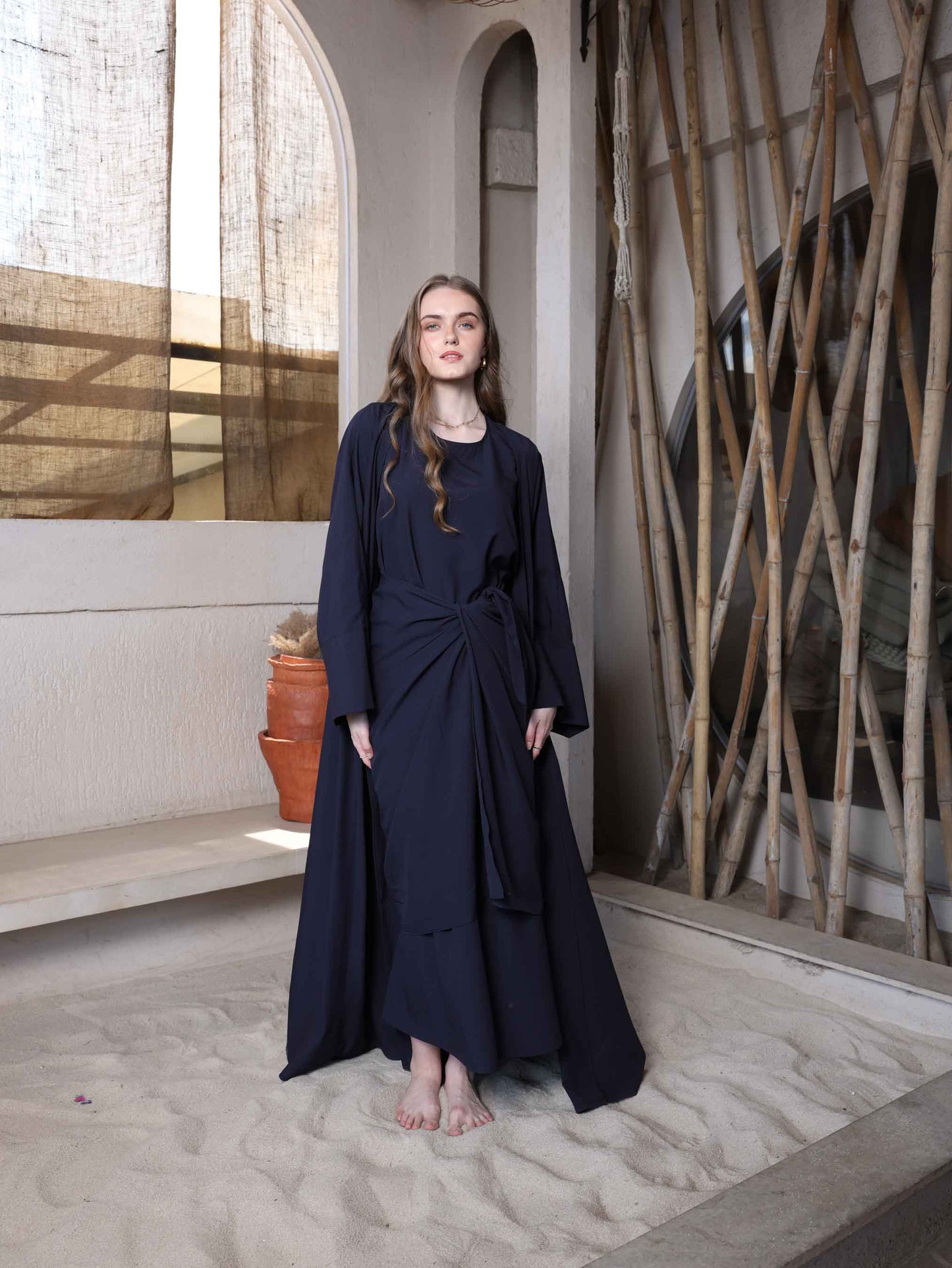 Midnight Blue Draped Cape Dress - Elegance in Every Fold