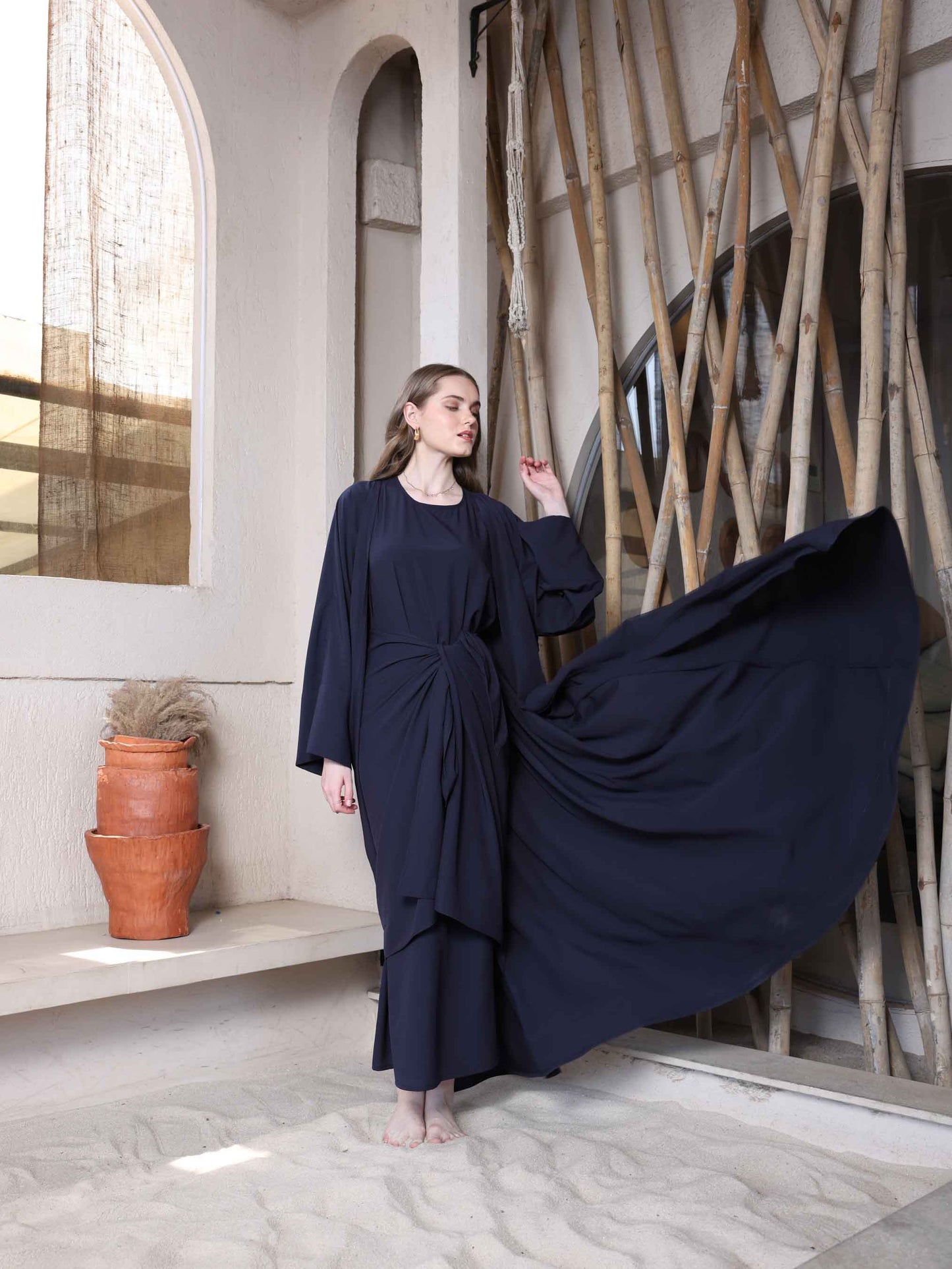 Midnight Blue Draped Cape Dress - Elegance in Every Fold