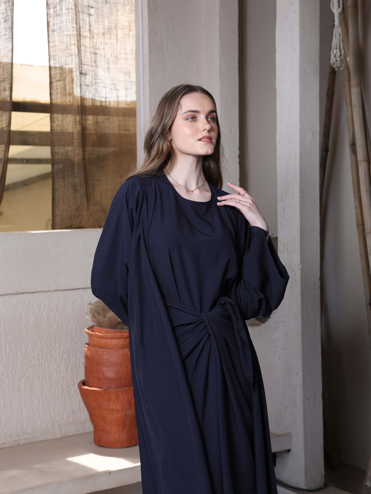 Midnight Blue Draped Cape Dress - Elegance in Every Fold