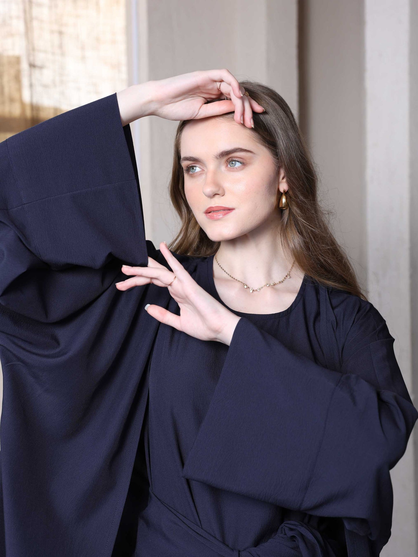 Midnight Blue Draped Cape Dress - Elegance in Every Fold